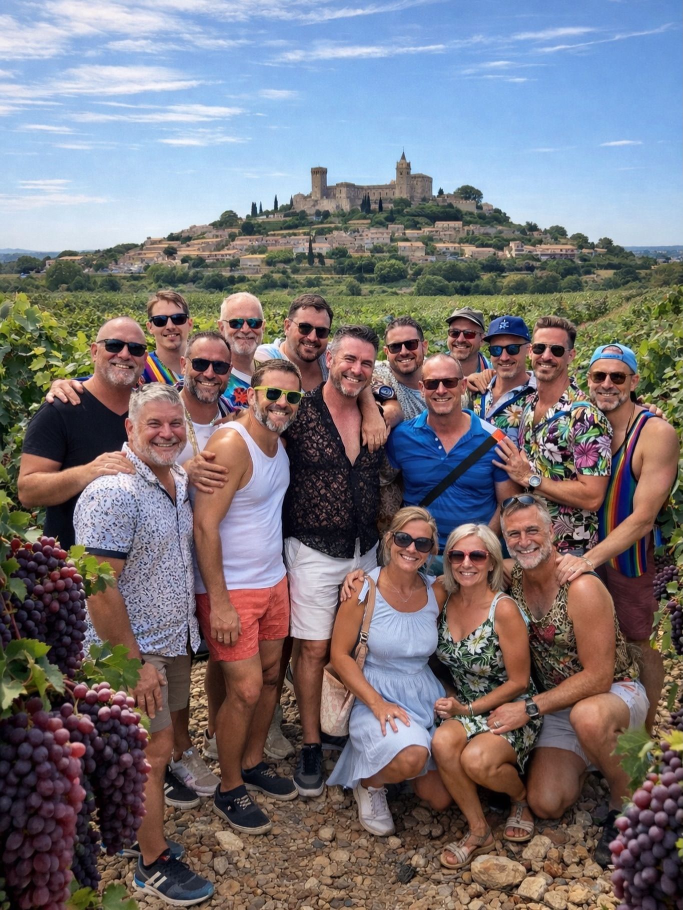 Group of people posing in a vineyard with a hilltop village and castle in the background.