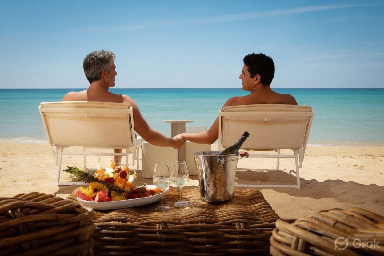 Two people relaxing on beach chairs facing the ocean, with a picnic basket and fruit in the foreground.