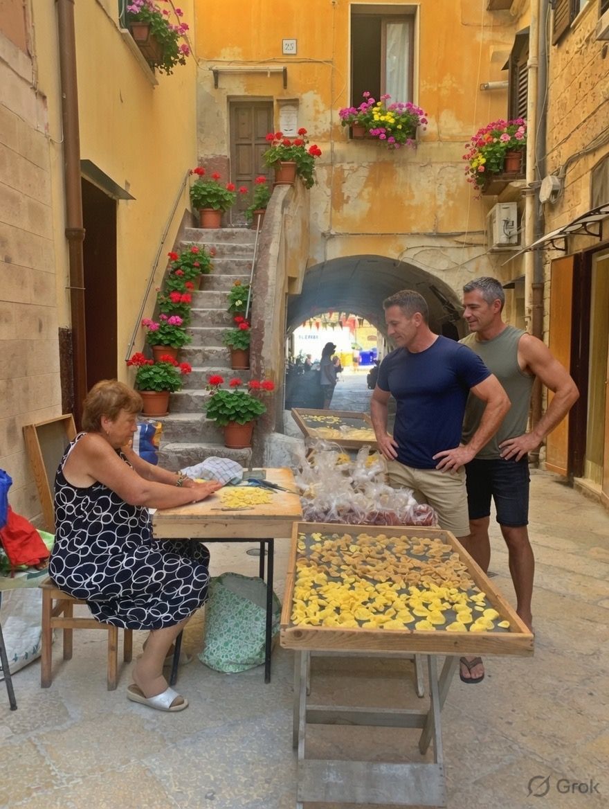 Street café scene with flower-lined stairs, pastries on tables, and people chatting in a narrow alley
