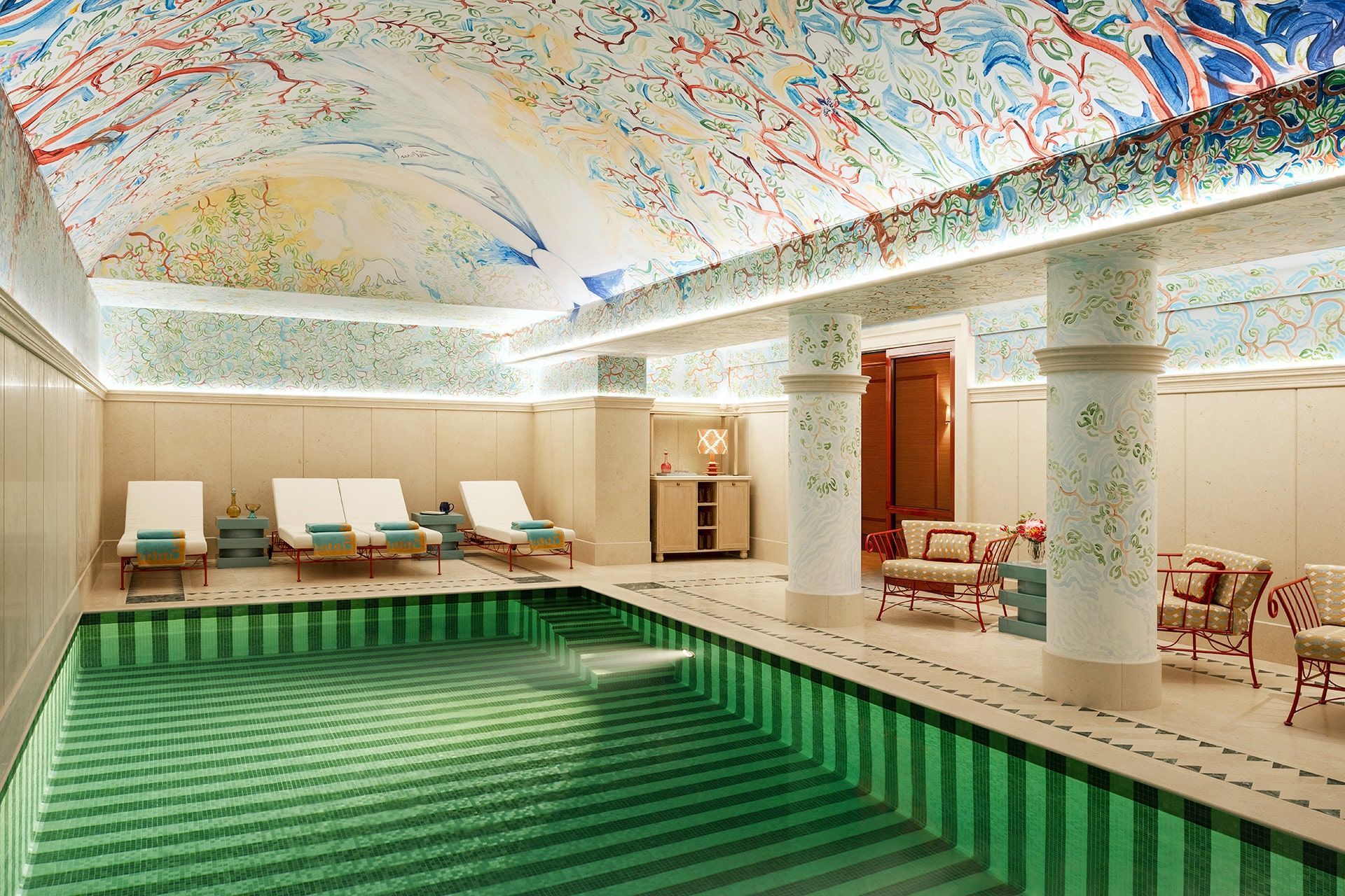 Eight metre indoor pool beneath a fresco at Le Grand Mazarin hotel in the Marais, gay tour of Paris