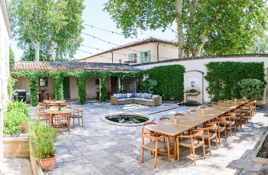 Château de Tourreau courtyard and dining terrace, gay tour of Provence