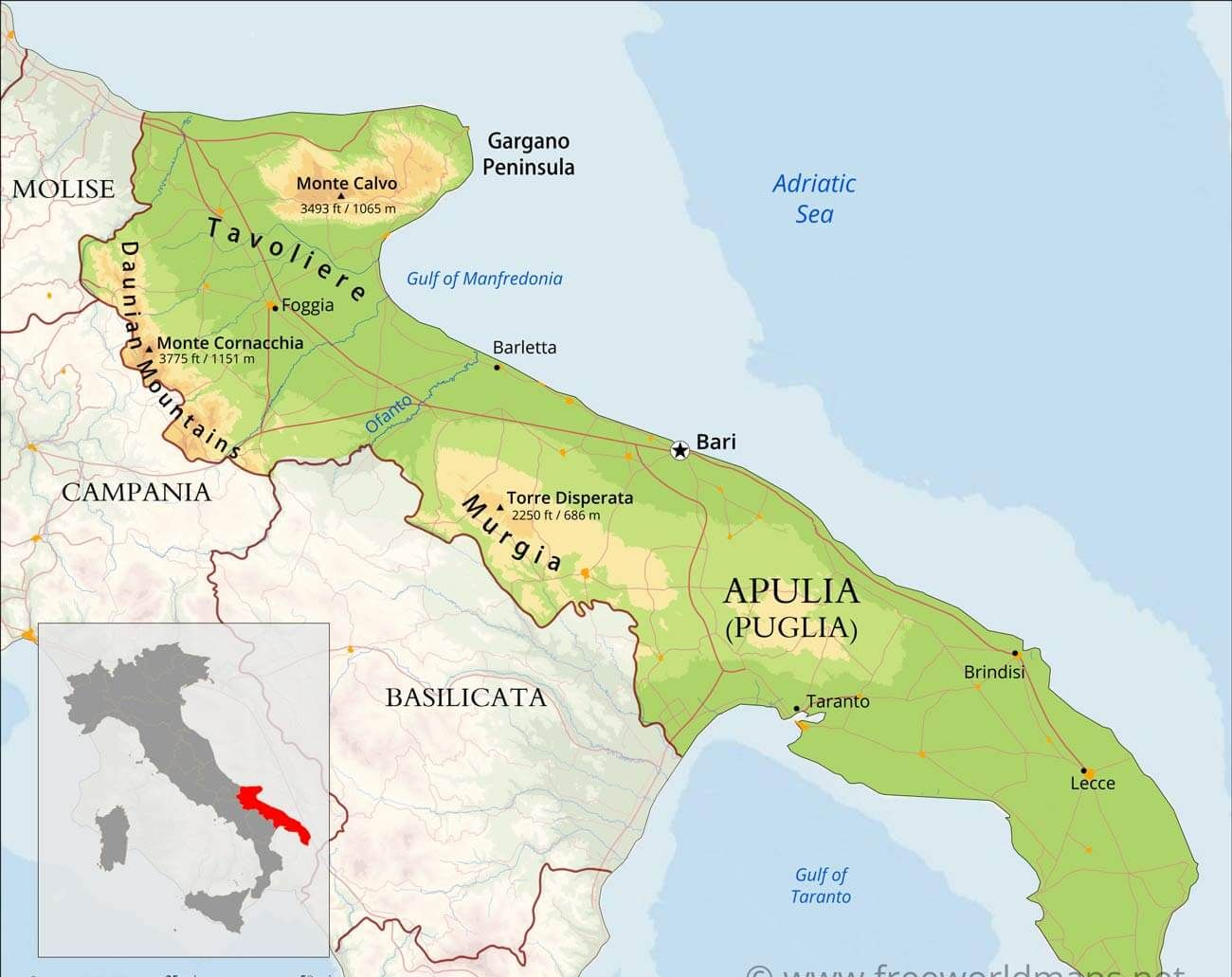 Map of southern Italy highlighting Apulia and nearby regions in green with inset map at lower left.
