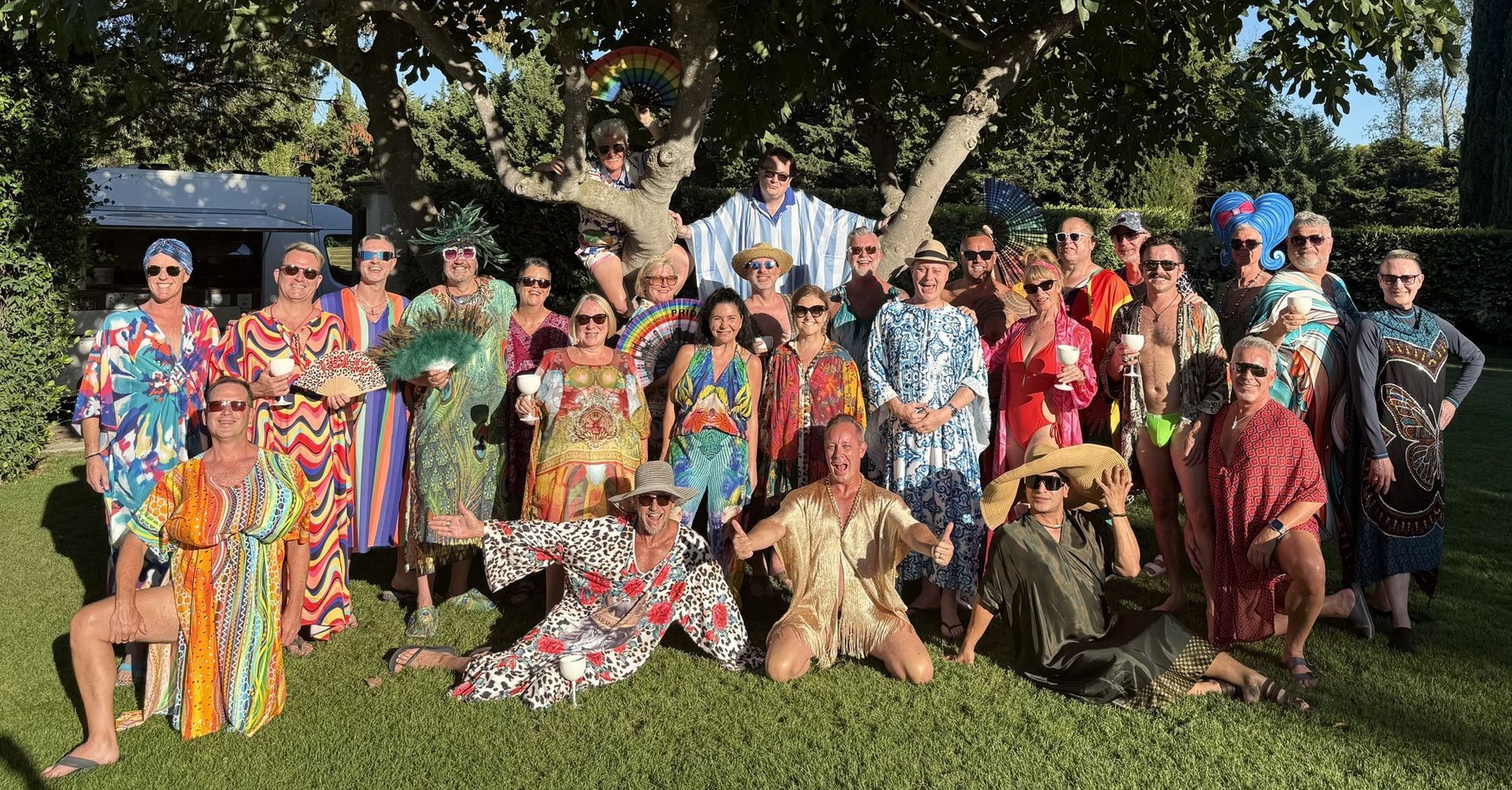 Kaftan tea dance around the château pool, gay tour of Provence