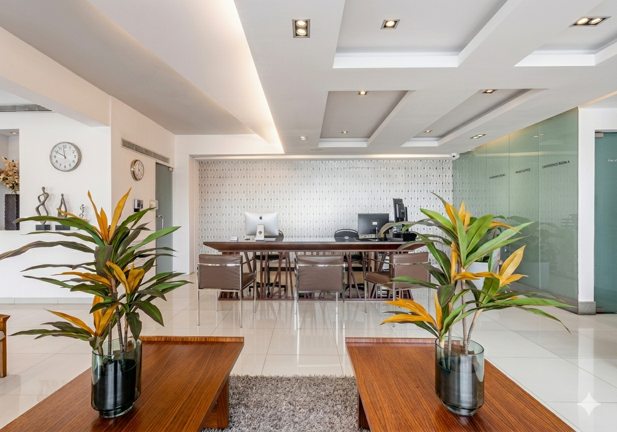 Sala de estar moderna con cocina abierta, paredes blancas, muebles de madera y plantas en macetas.