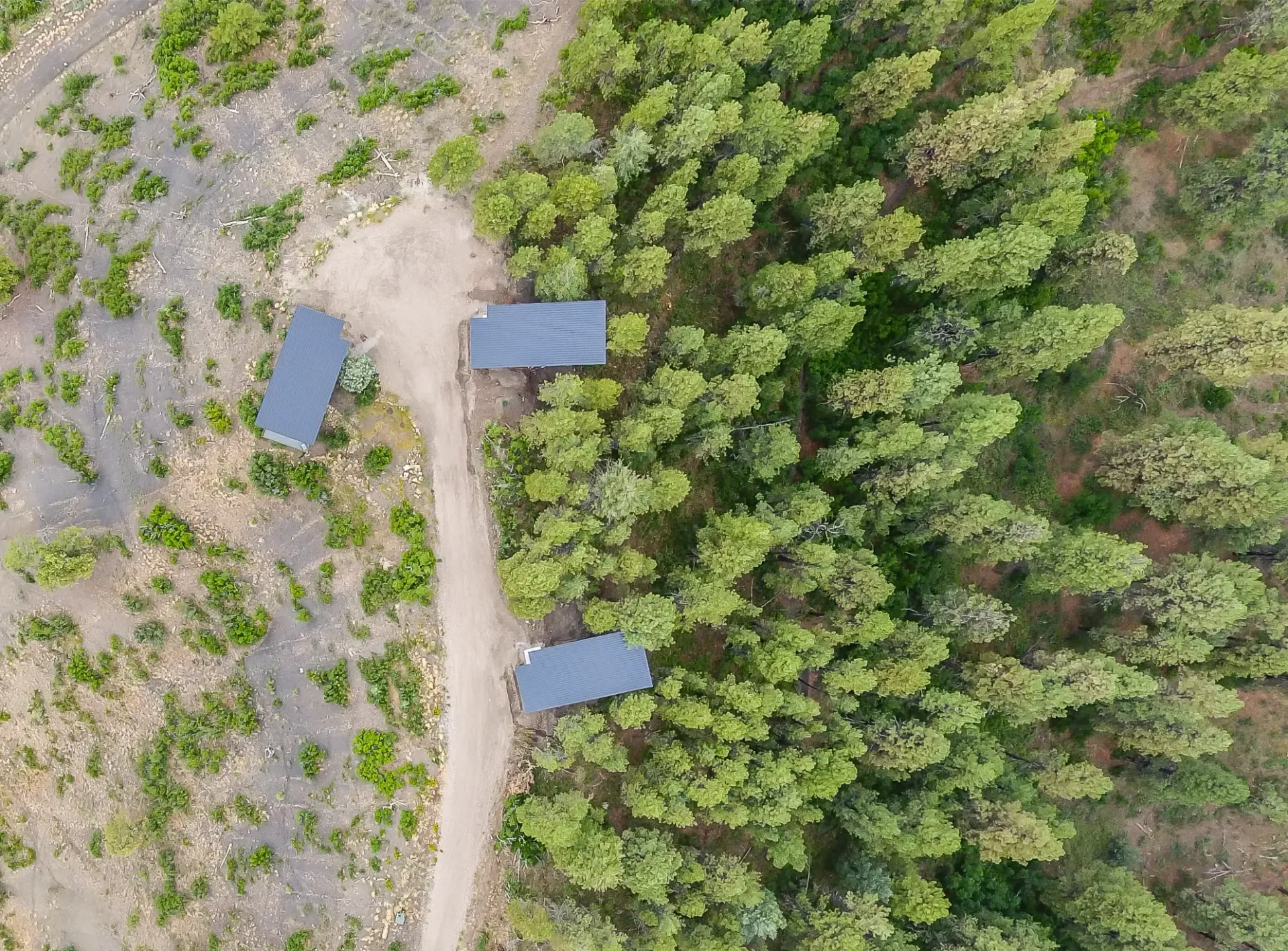 Aerial view of three gray-roofed buildings located along a dirt path bordering a dense green forest.