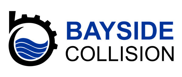Logo for Bayside Collision, featuring a black gear and a blue wave inside, with blue text.