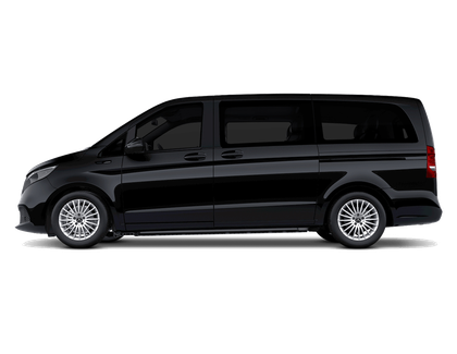 Black passenger van in side view on a white background