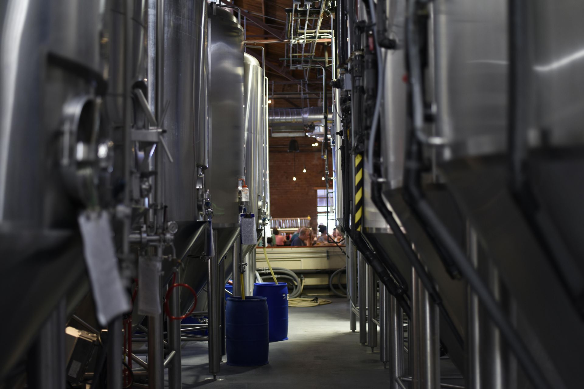 Interior view of a brewery with stainless steel fermentation tanks, blue barrels, and pipes.