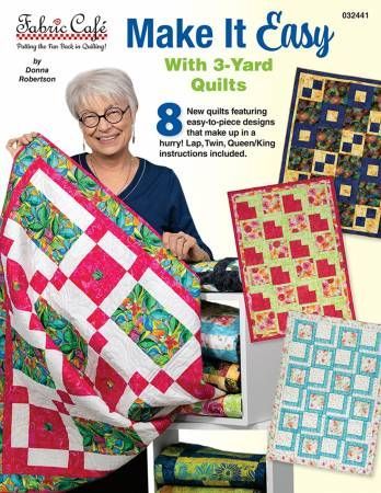 Book cover showing a smiling quilter holding colorful quilts, with three quilt designs displayed around her.