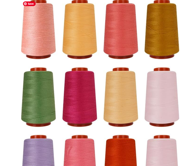 Assorted colorful yarn spools arranged in a grid on a white background