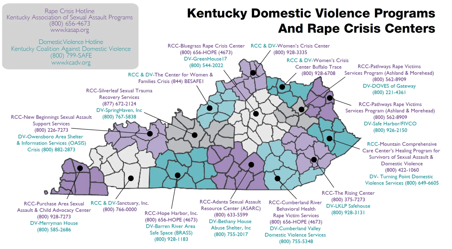 Map of Kentucky domestic violence programs and rape crisis centers, county boundaries shaded purple, teal, and gray.