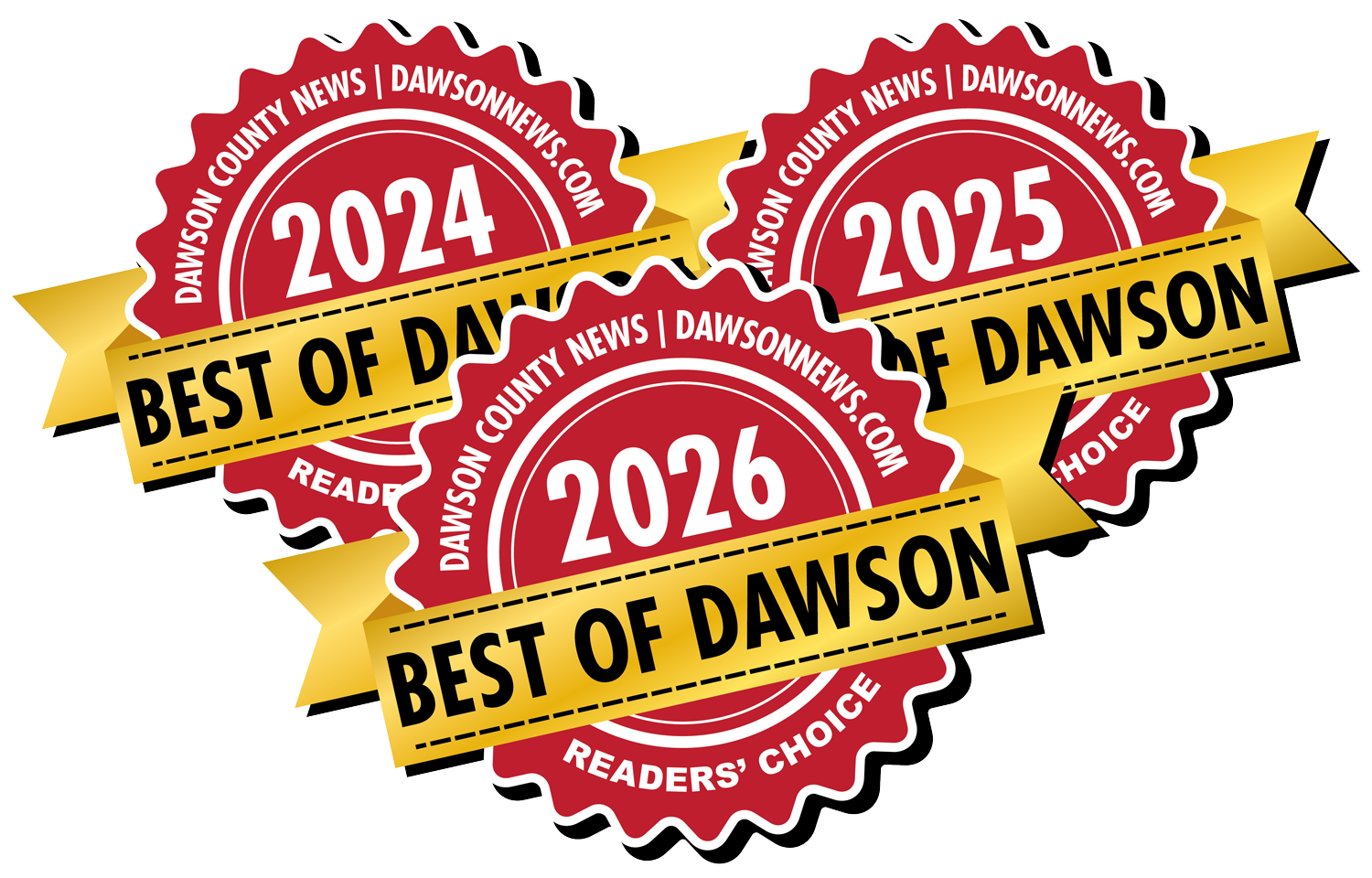 Three stacked red seals with gold banners reading 