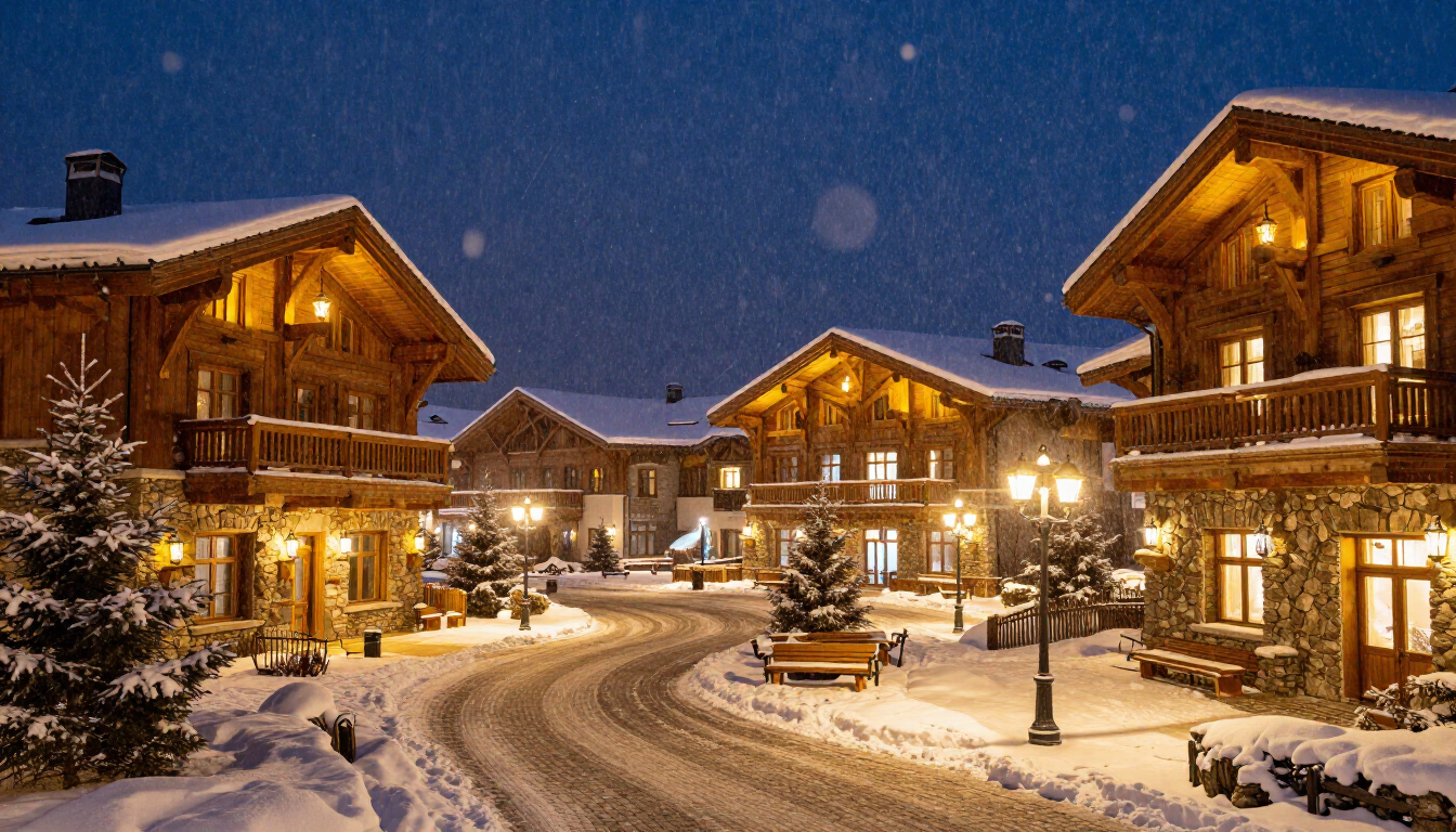 A cozy luxury ski resort in Park City at night with snow falling.