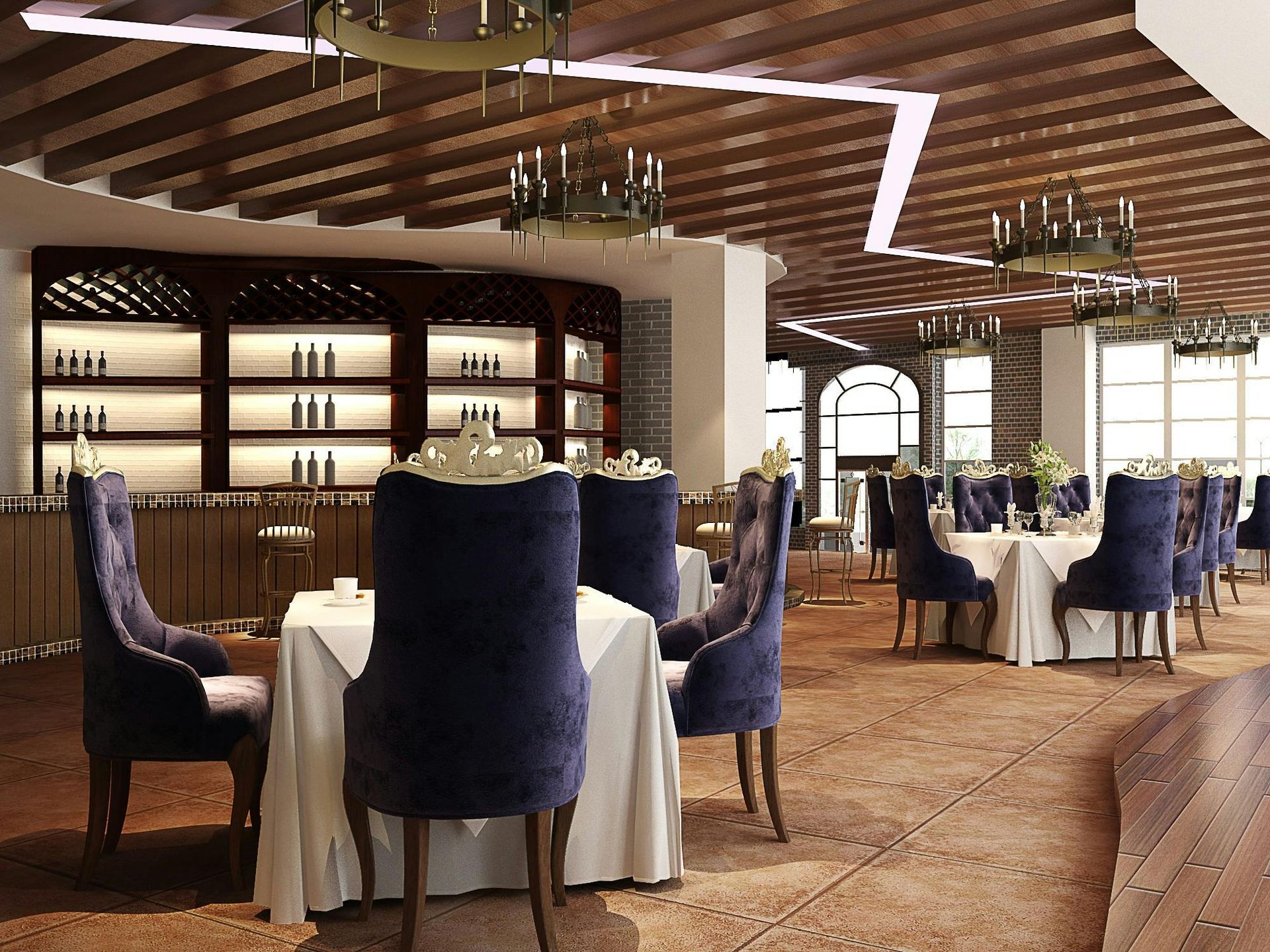 Elegant restaurant interior with tables, chairs, a bar, and decorative chandeliers, bathed in soft lighting.
