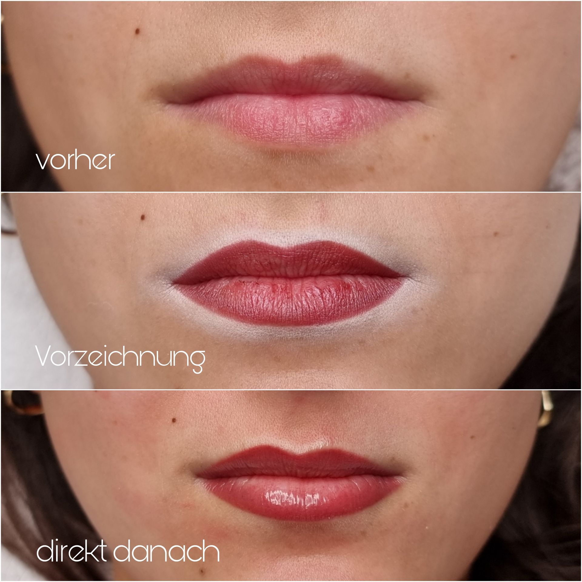 Die Lippen einer Frau werden vor und nach dem Schminken gezeigt.