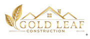 Gold and white Gold Leaf Construction logo with leaf and house roof icon