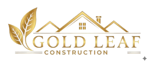 Gold and white Gold Leaf Construction logo with leaf and house roof icon