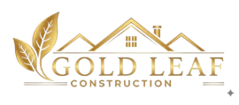 Gold and white Gold Leaf Construction logo with leaf and house roof icon