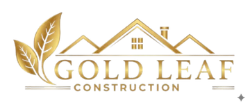 Gold and white Gold Leaf Construction logo with leaf and house roof icon