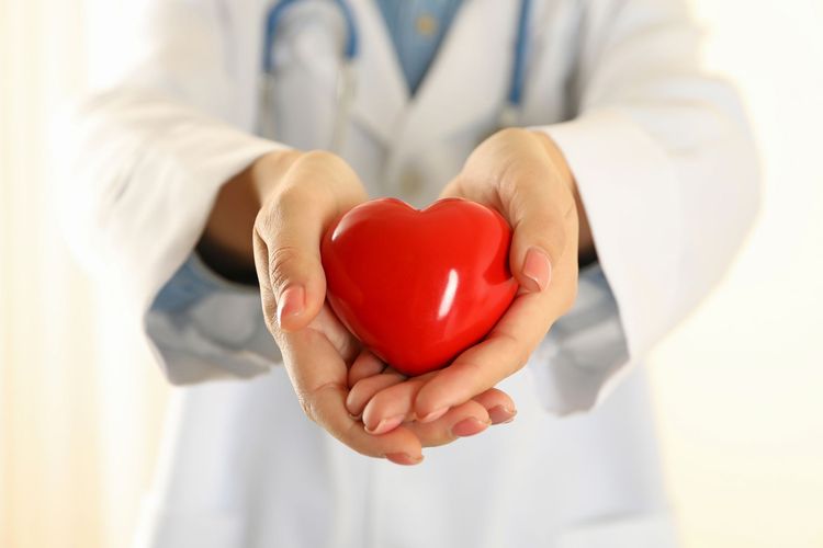 Doctor holding a red heart, wearing a white coat and stethoscope.