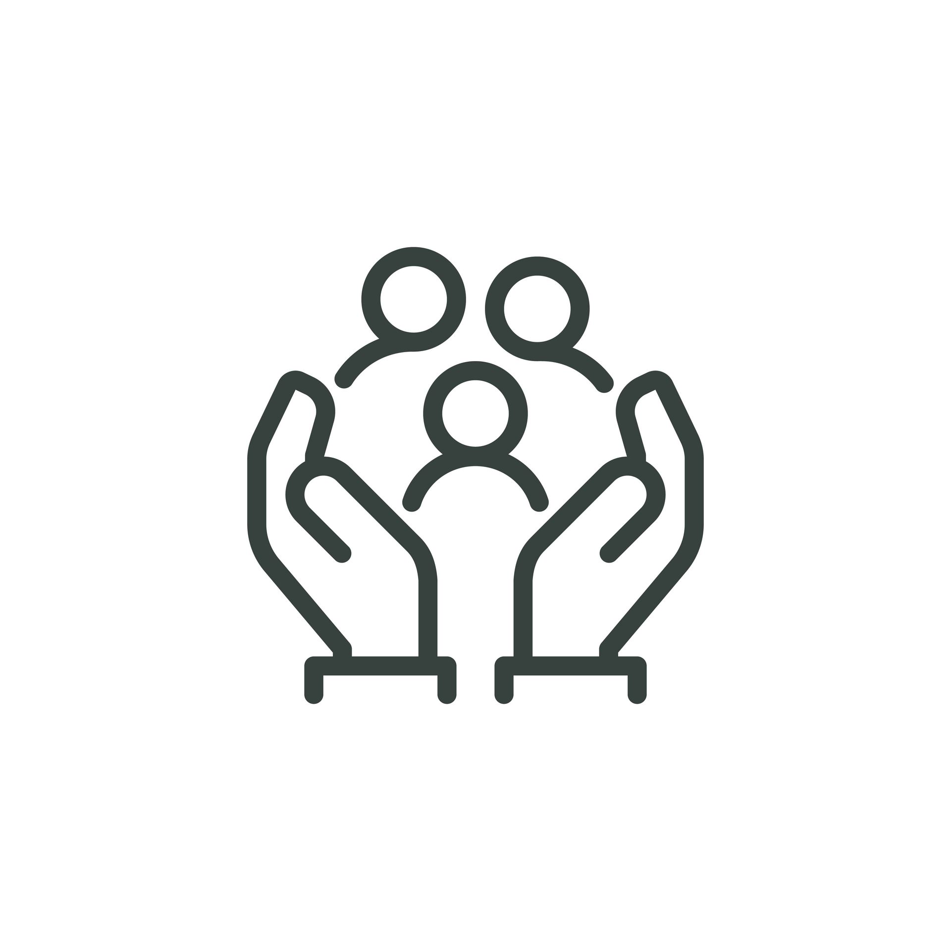 Line drawing of hands around people.