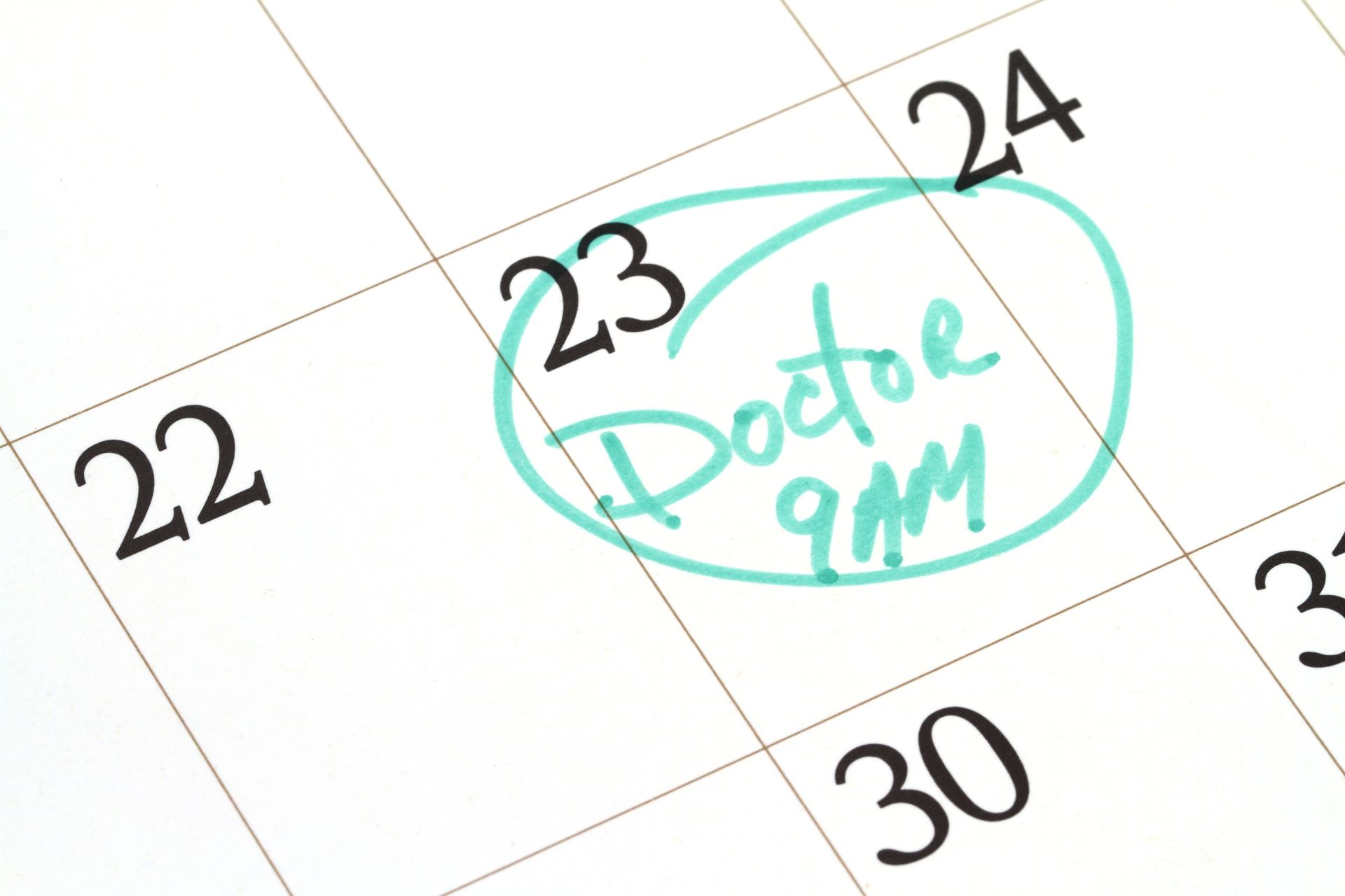 Line drawing of calendar with "Doctor 9 am" written and circled on the 23rd day.