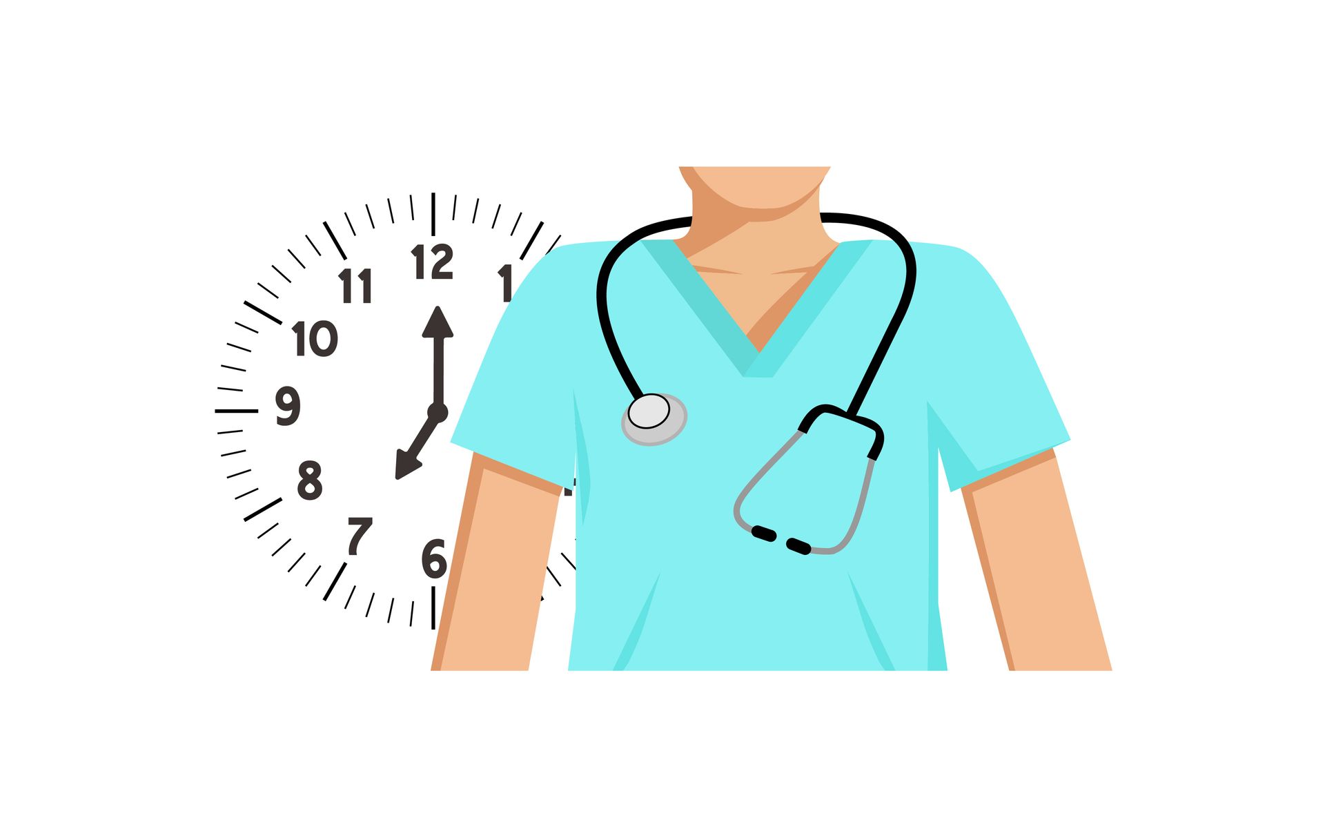 Cartoon drawing of medical professional with clock in background.