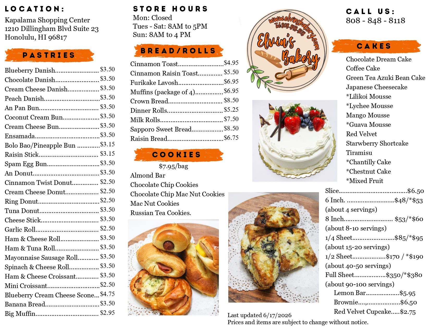 Elvin's Bakery Menu Elvin's Bakery Menu