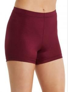 Maroon athletic shorts on a person’s hips and upper thighs, front view
