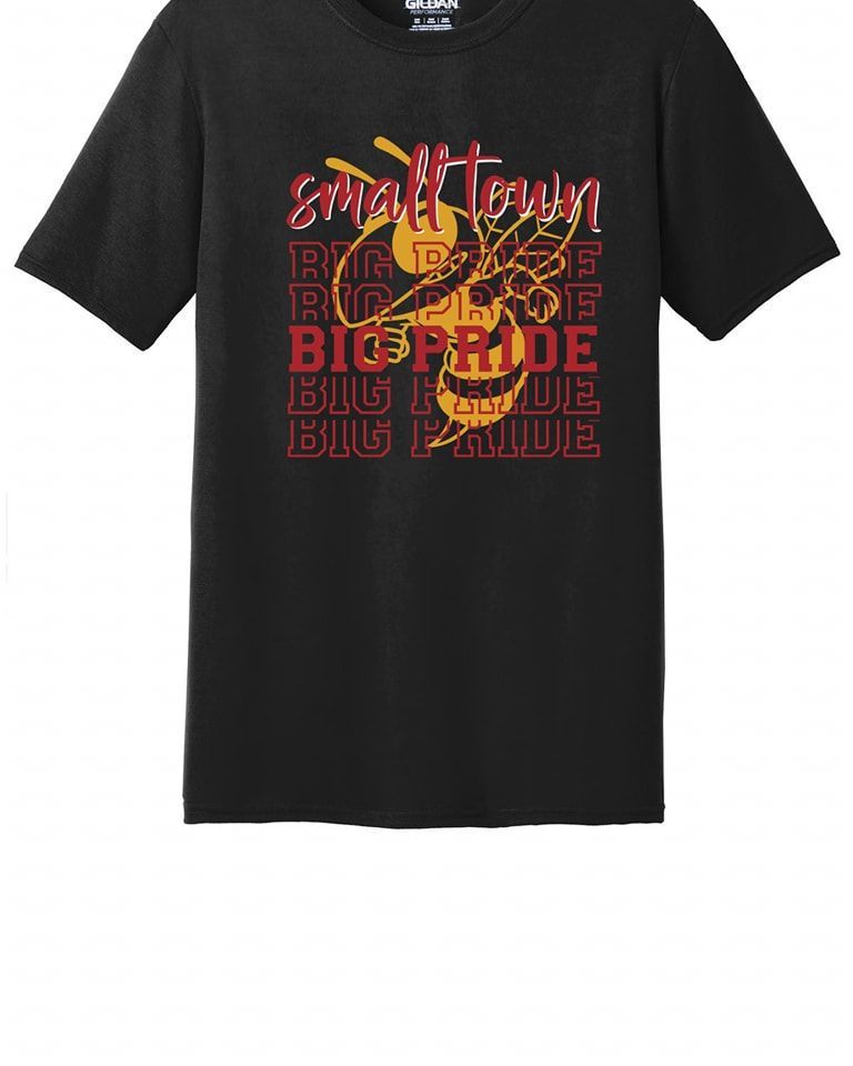 A black t-shirt that says small town big pride