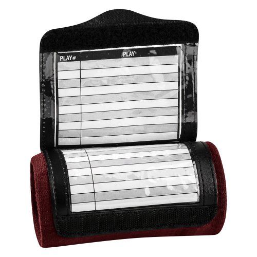 Wrist coach with play cards, maroon and black, for sports.
