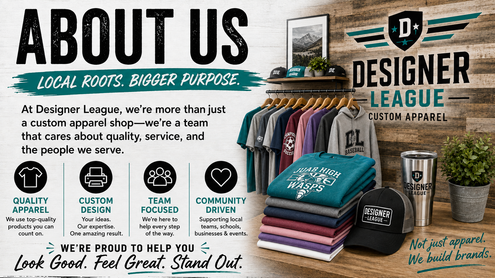 About Us promotional graphic for Design League Apparel with folded shirts, logos, and service icons
