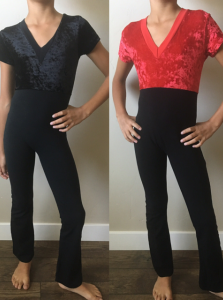Two side-by-side outfit views: black pants with a black top and with a red lace top.