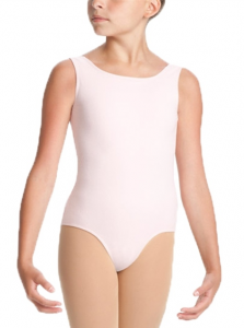 Child wearing a pale pink sleeveless leotard, shown standing against a white background