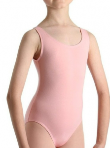 Pink sleeveless ballet leotard on a mannequin or child-sized torso form