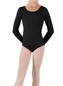 Black long-sleeve leotard on a mannequin with nude tights