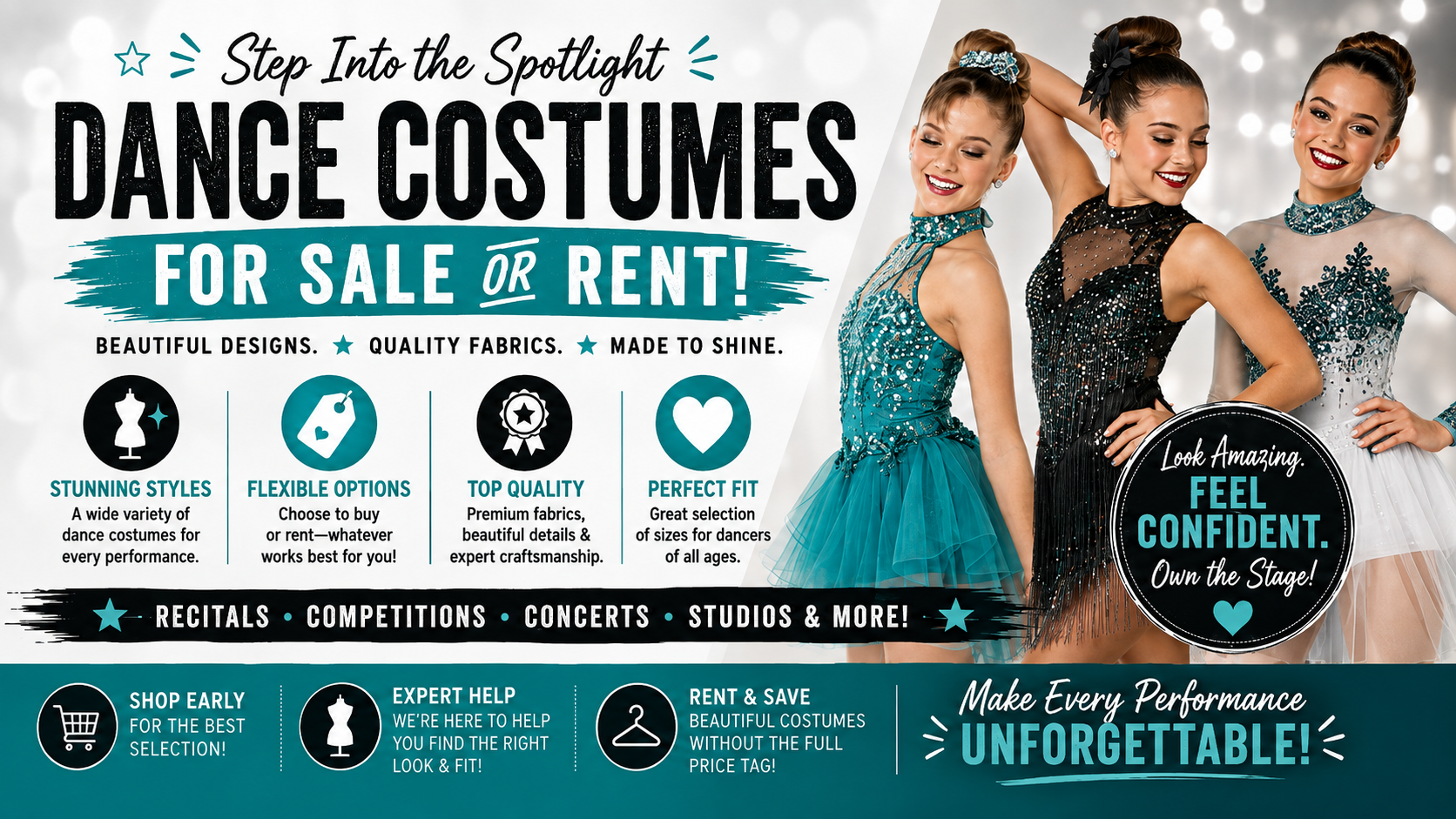 Dance costume rental ad with three smiling models in teal and black, bold text, and a “feel confident” badge