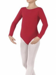 Woman in red long-sleeve leotard and white tights standing against a white background