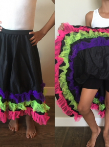 Black skirt with bright pink, green, and purple ruffled trim, shown front and back on a person