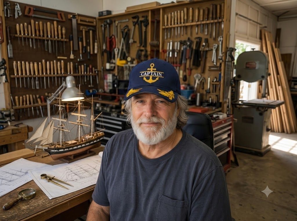 Smiling man in a navy Captain cap with gold embroidery, standing in a workshop.