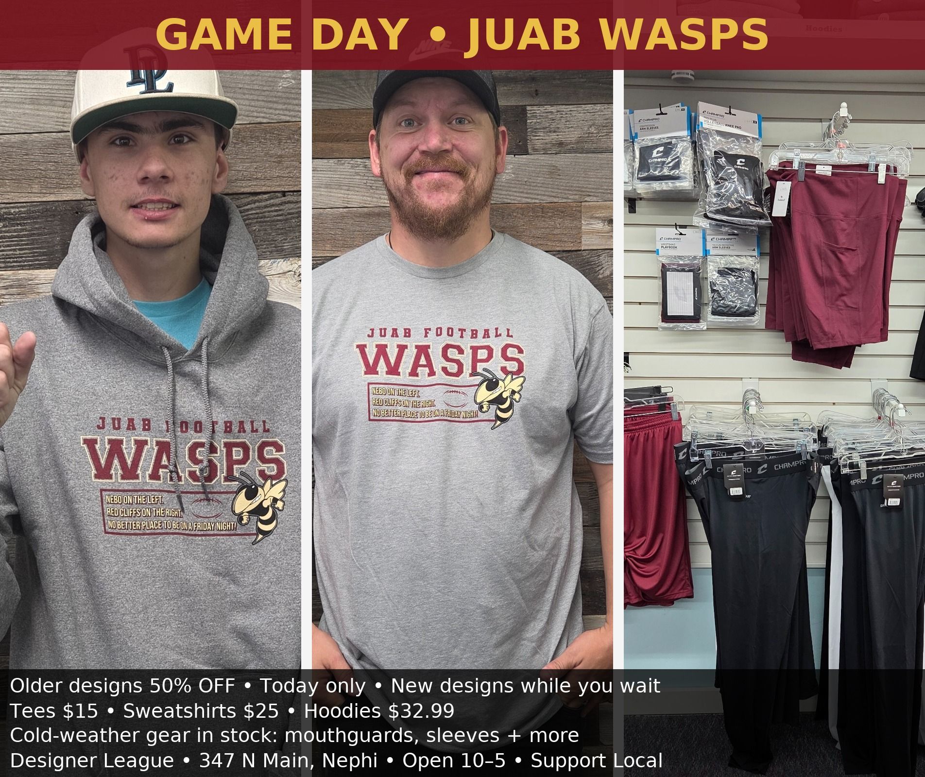 Game day promotion for Juab Wasps sports gear. A man and boy wear sweatshirts. Store with clothing racks.