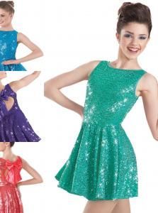 Sequin sleeveless party dresses in green, blue, purple, and red on a white background