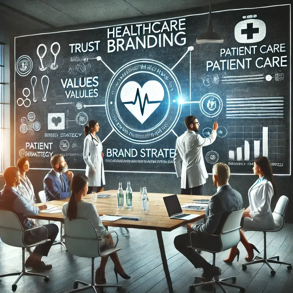 A healthcare branding session in a modern office with a marketing team brainstorming on a whiteboard displaying concepts like 