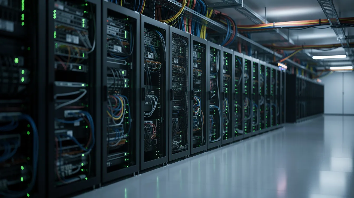 Modern data center aisle with rows of server racks and glowing green indicator lights