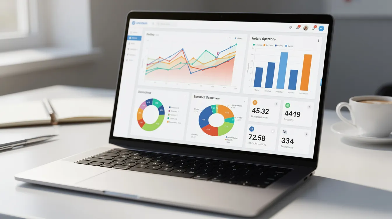 The image depicts a laptop screen displaying a vibrant business analytics dashboard filled with colorful data charts and graphs, showcasing insights into customer behavior and marketing performance. This visual representation highlights key metrics relevant to marketing technology and the overall effectiveness of marketing campaigns.