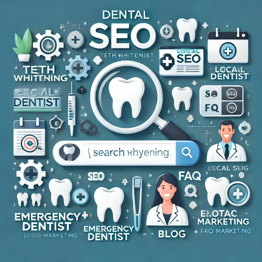 An illustration representing dental SEO, featuring a search bar with keywords like