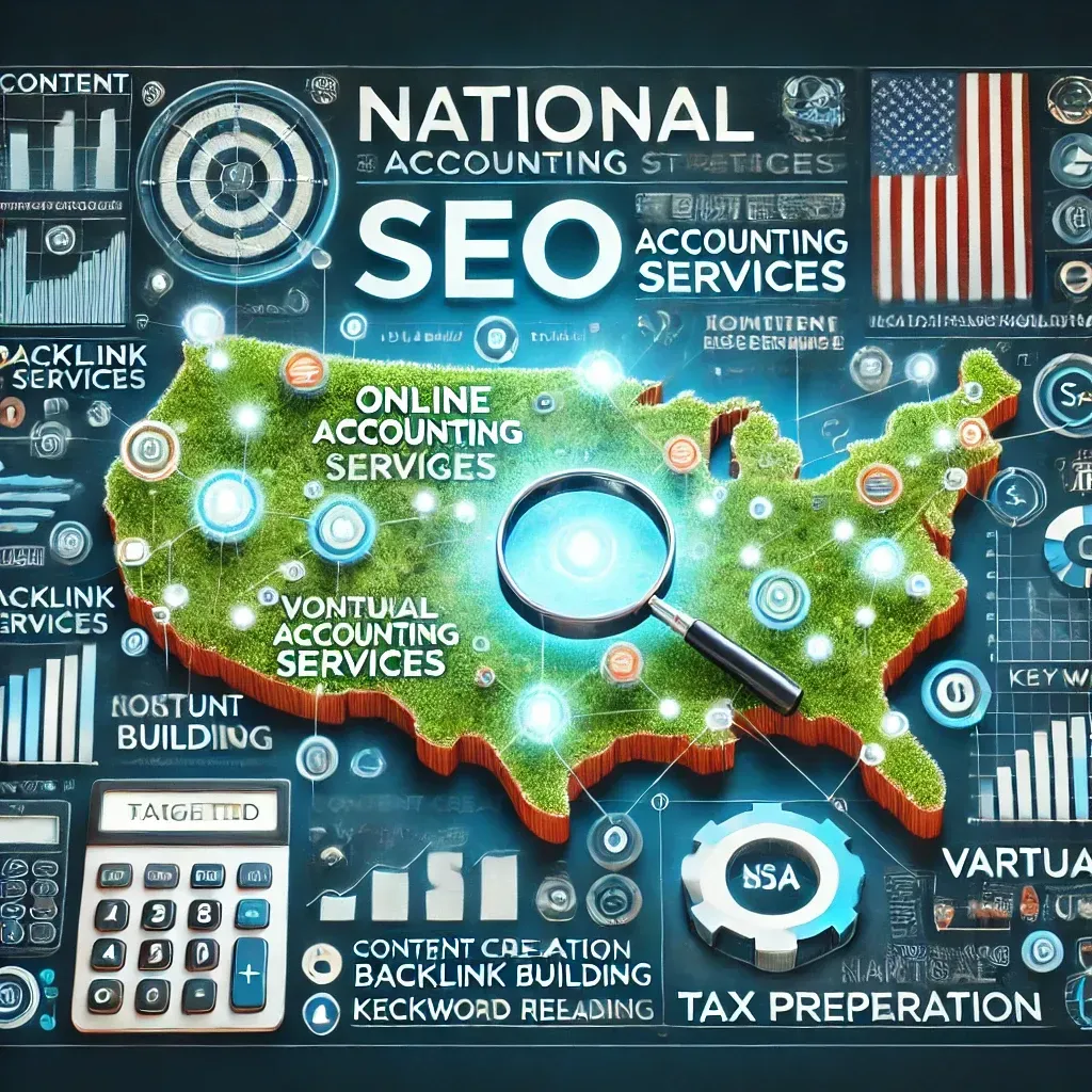 A poster for national accounting services with a map of the united states and a magnifying glass.