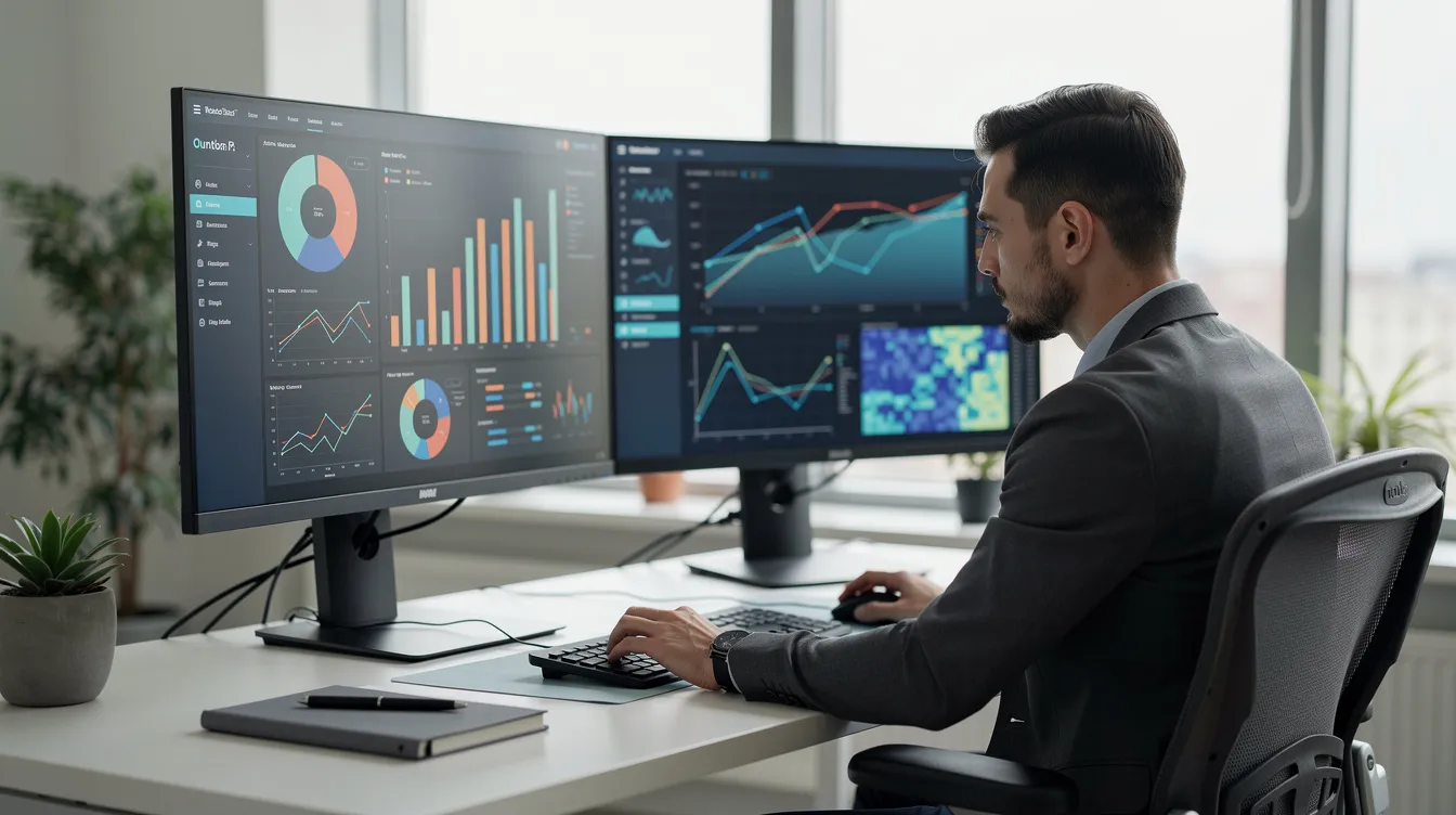 Man analyzing charts on dual monitors at a desk in a modern office