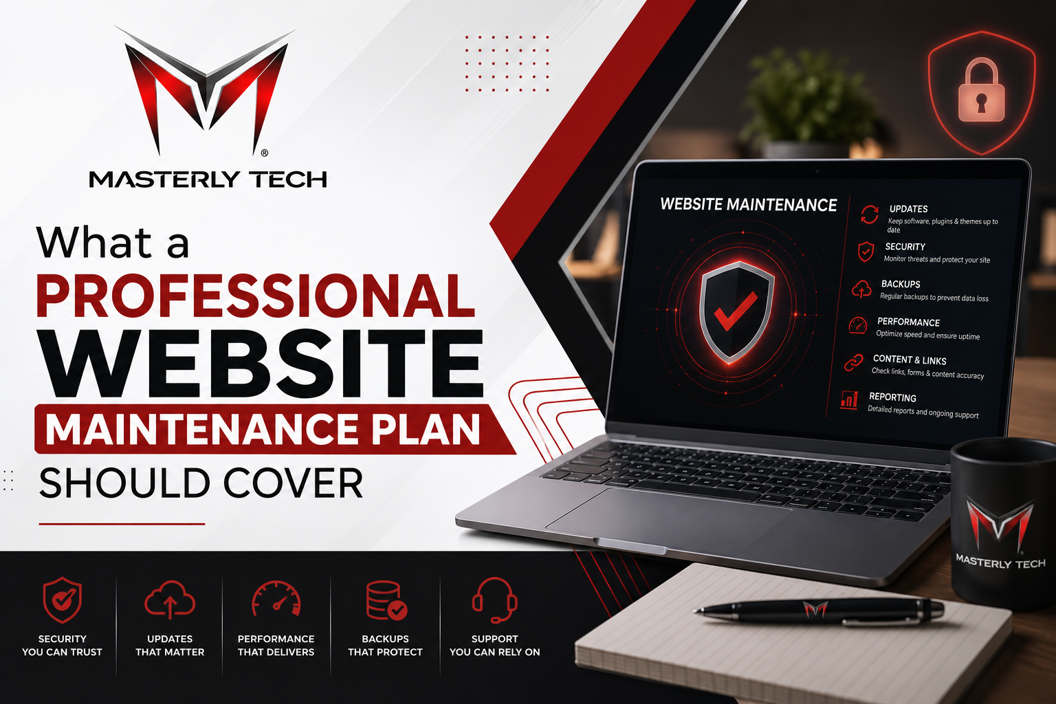 Website maintenance plan promo with laptop, security shield icons, and red-black design