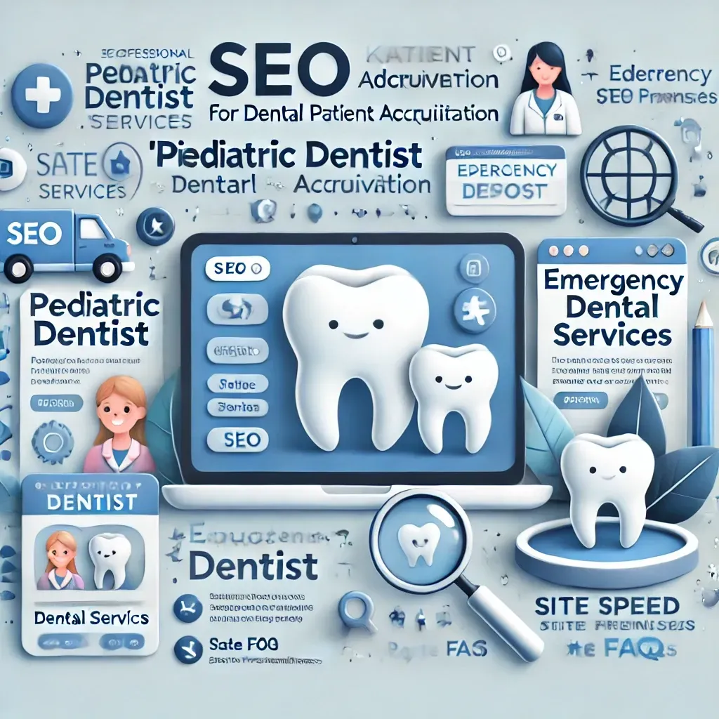 An illustration showcasing SEO strategies for dental patient acquisition, featuring dental keywords like